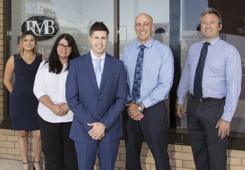 Illawarra law firm expands: Ebony Morgan, Jo Marsh, Geoff Devitt, Adam Barlow and Craig Osborne at the new RMB Lawyers office at Warilla. 


