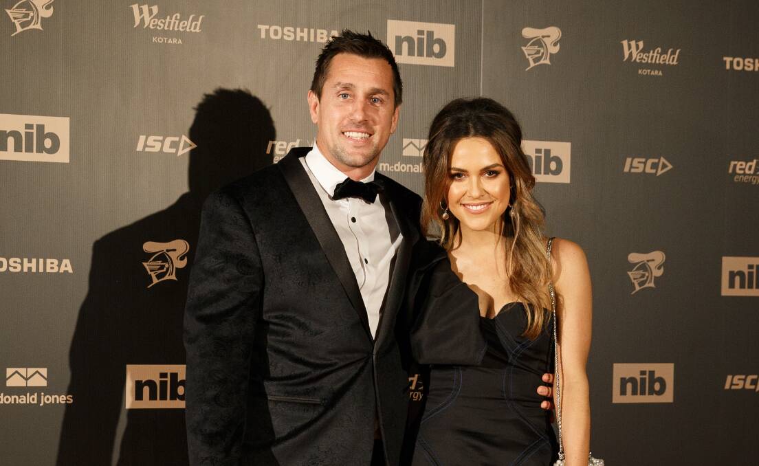In the spotlight: Mitchell Pearce and Kristin Scott on the red carpet at the Newcastle Knights Awards Night. Picture: Max Mason-Hubers. 