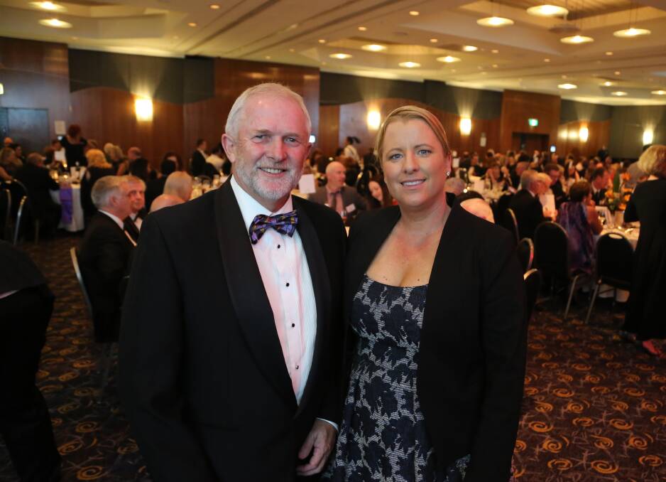 Ready for changing of the guard: Retiring Peoplecare chief executive Michael Bassingthwaighte with incoming CEO Dr Melinda Williams at The Illawarra Connection dinner in April. Picture: Greg Ellis.
