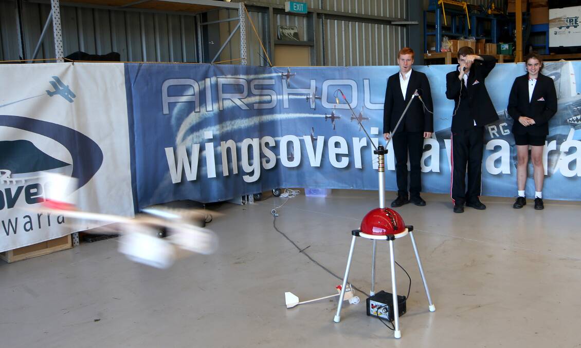 Soaring talent: Albion Park High Year 8 students Baxter Lean, Rohan Jukes and Ashlee McIntosh at the launch of Wings Over Illawarra in early April. Pic: Sylvia Liber. 