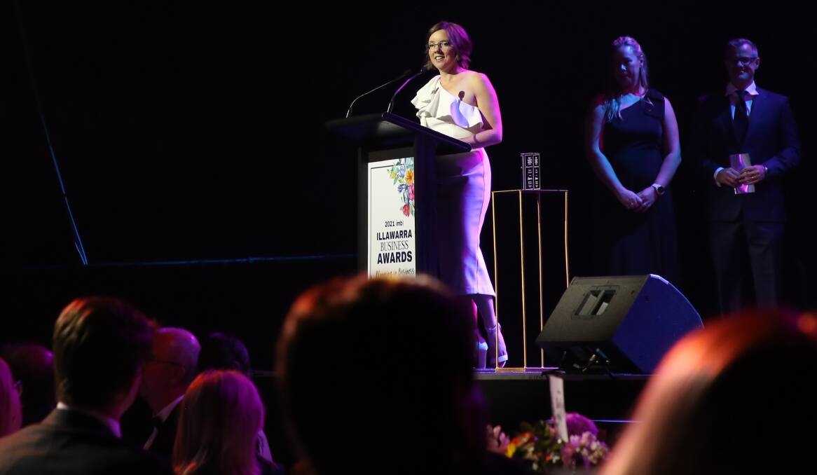Thank you Wollongong: Kylie Flament's acceptance speech at the 2021 Illawarra Business Awards. Picture: Greg Ellis.