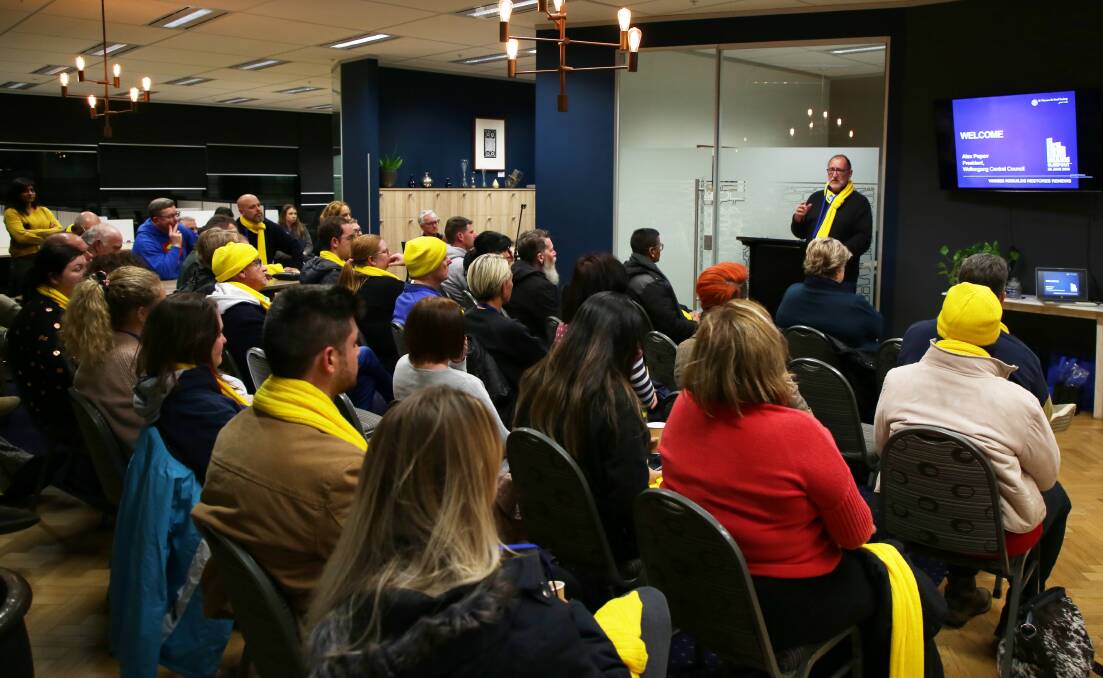 Help for homeless: Peter Quarmby addresses sleepout participants as they prepare to brave one of the coldest nights of the year at the Innovation Campus. Picture: Greg Ellis. 
