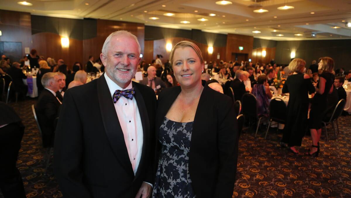 Business leader announcement: Retiring Peoplecare chief executive Michael Bassingthwaighte with incoming CEO Dr Melinda Williams at The Illawarra Connection dinner on Tuesday night. Picture: Greg Ellis.
