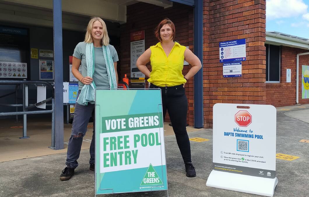 Free pool entry policy: Greens' Ward 3 candidate Jess Whittaker with lord mayoral candidate Mithra Cox at Dapto pool. Picture: Supplied. 