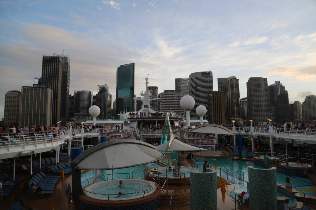 The Sydney skyline as seen from the upper pool deck of Voyager of the Seas. Picture: Greg Ellis.