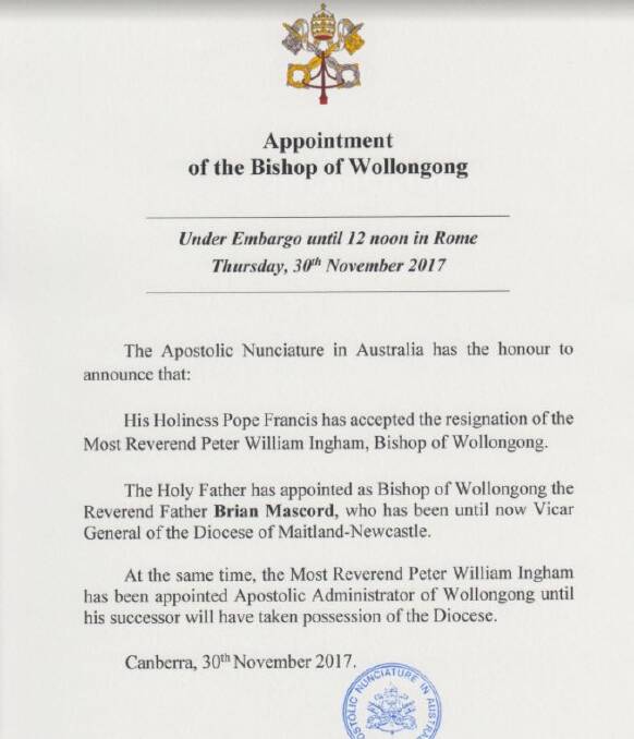 Wollongong has a new Bishop announced by Pope Francis from the Vatican overnight