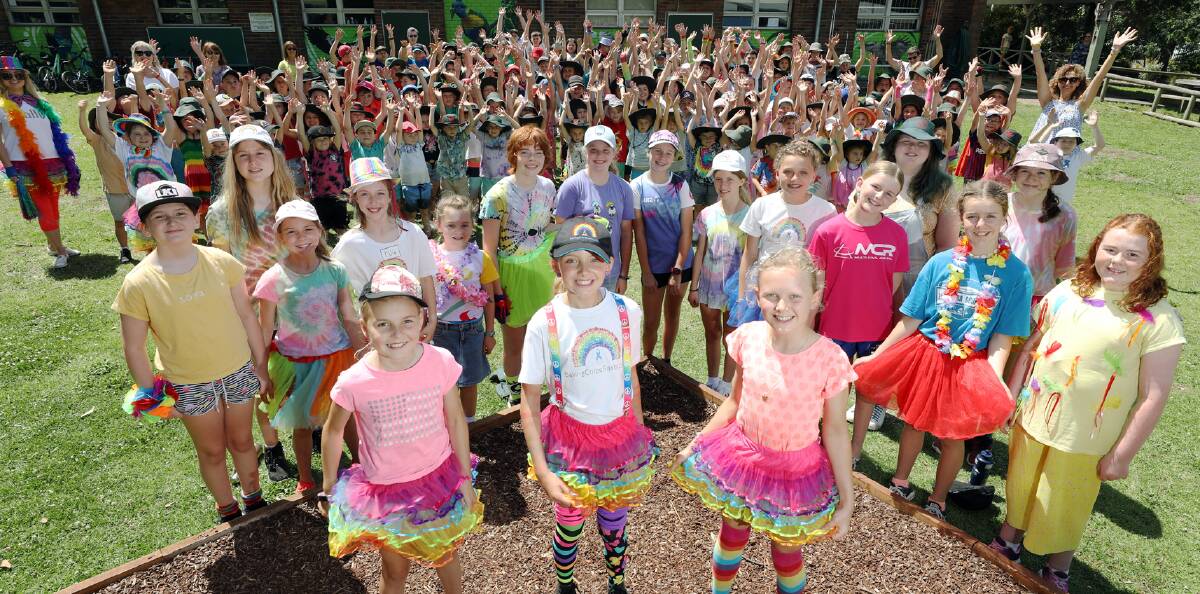 Colour for Chloe: Woonona East Public School students in colourful clothes for a Rainbow Day in memory of Chloe Saxby. Picture: Adam McLean.