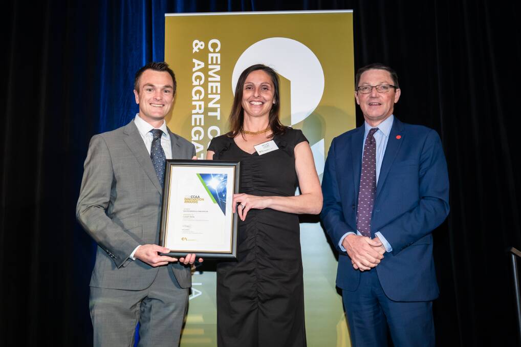 National win: Cleary Bros quality and environmental officer Mark Hammond and client relationship and development officer Helen Cleary with Scot Macdonald MLC.
