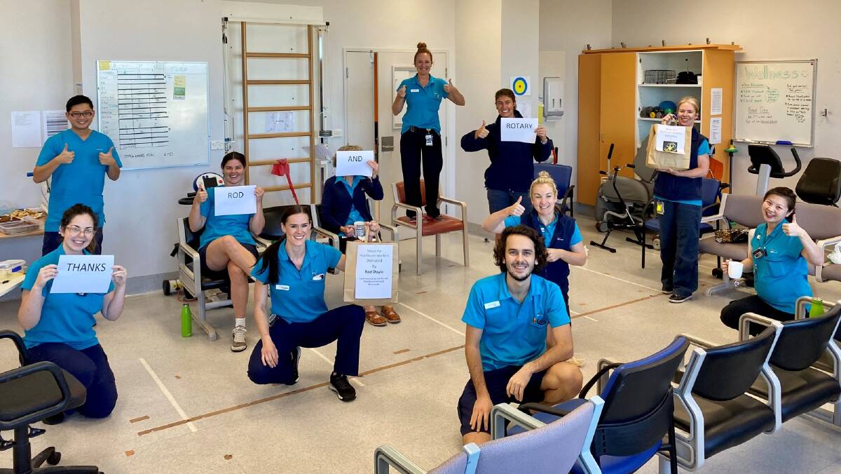 Adopt a Health Worker: Grateful staff at Wollongong Hospital who have been sent 60 Centro CBD meals in six weeks paid for by the Rotary Club of West Wollongong. 