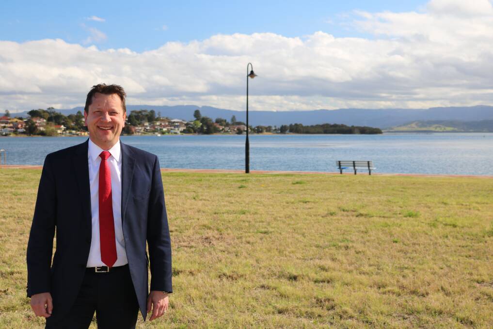 Lakeside alfresco: Wollongong MP Paul Scully near the lake opposite Harvey Norman where he would like to see outdoor dining. Picture: Supplied