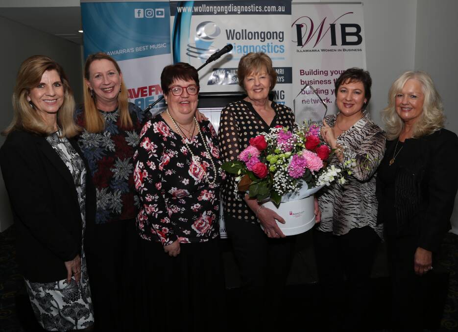 Special IWIB Award: Maralyn Young, Sharon Bird, Margaret Biggs, Glenda Papac. Karen Meiring de Gonzalez and Wendy Gee after the surprise announcement at Illawarra Women In Business on Friday. Picture: Greg Ellis.
