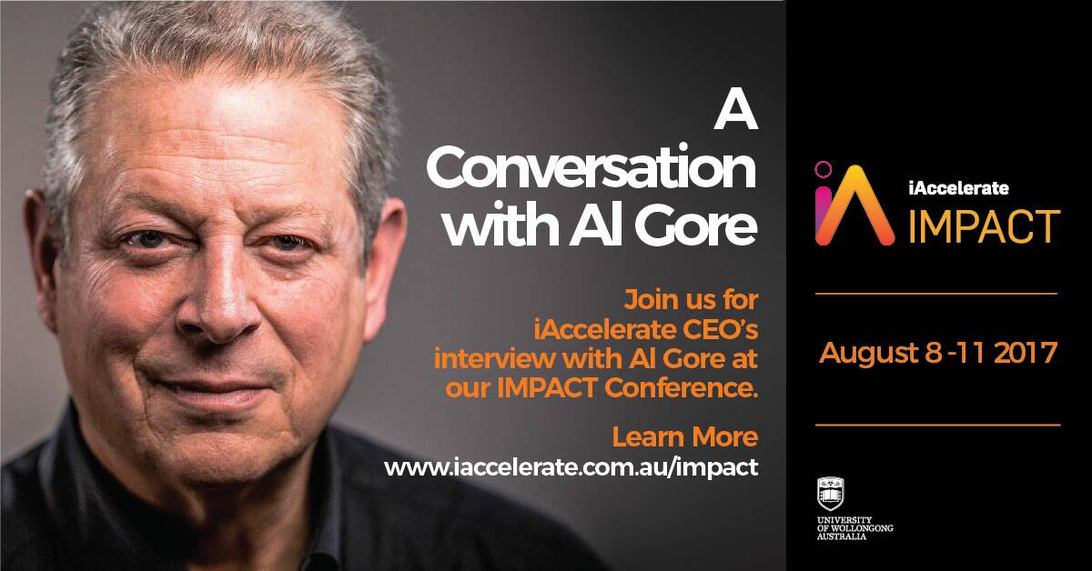 Al Gore is coming to Wollongong in early August to record an interview in Australia for an iAccelerate hosted conference at the Innovation Campus.

