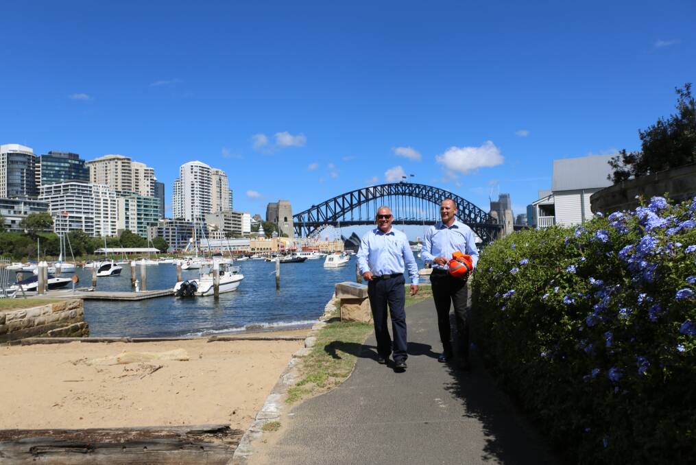 More work for KJ Industrial Scaffolding: Brett Rodwell and Iain Bannerman at Lavender Bay. Picture: Greg Ellis.

