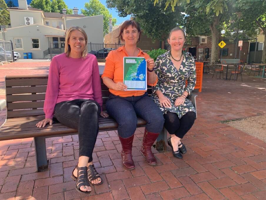 Future plan: Lord mayoral candidate Cr Mithra Cox (centre) with the Greens' vision document for Wollongong. Picture: Supplied.