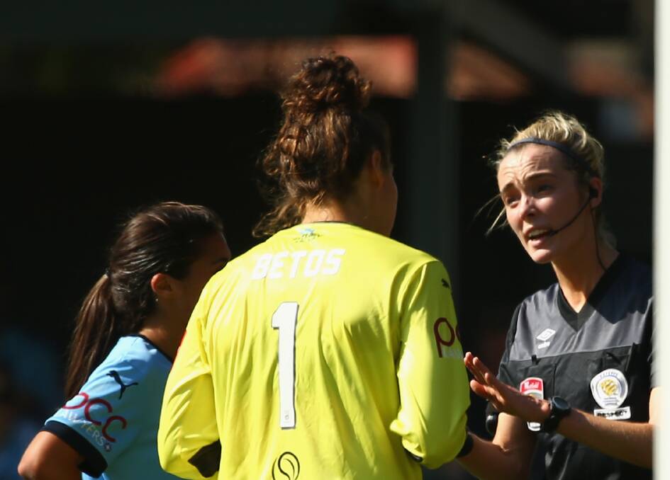 In charge: Katie Patterson refs a W-League Sydney FC vs Western Sydney Wanderers match in 2015. Picture: Mark Kolbe/Getty Images.
