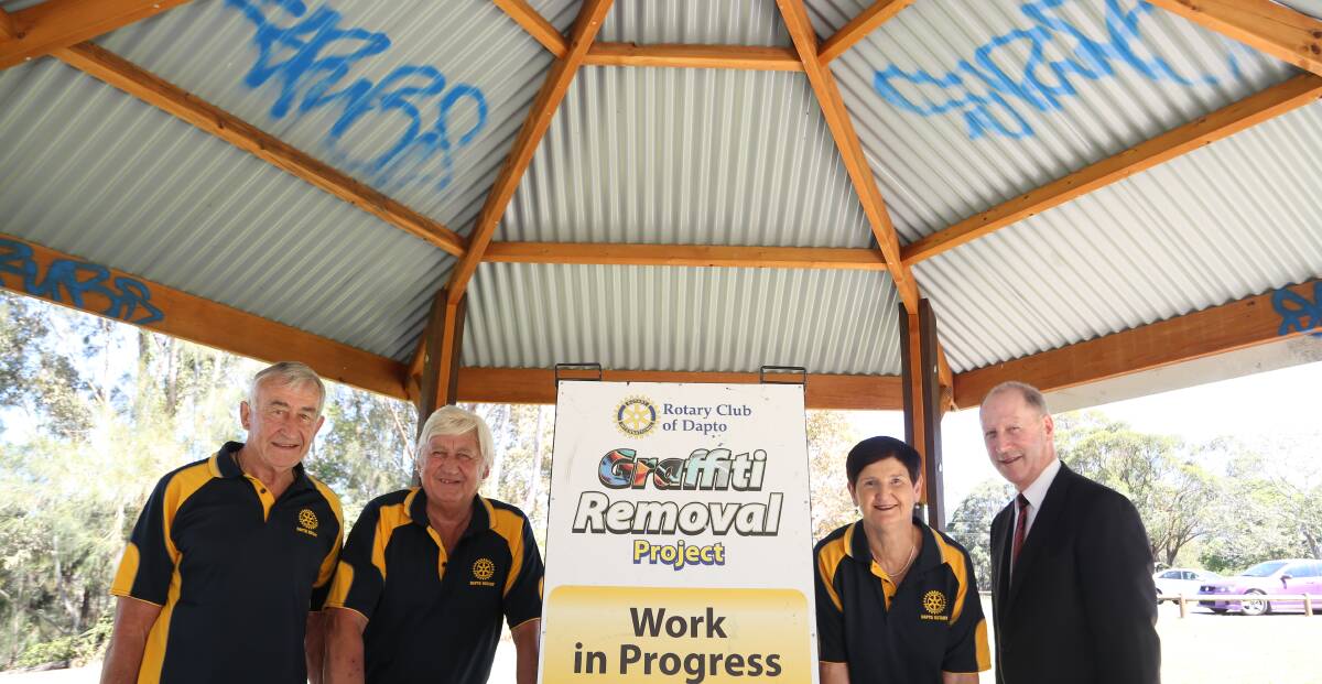 Graffiti removal: Every week members of the Rotary Club of Dapto are out in the community removing graffiti throughout Wollongong.
.
