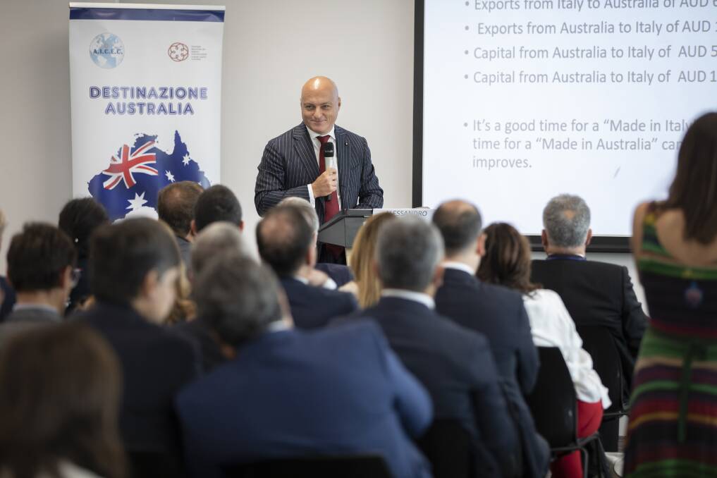 Speaking in Italian: Professor Alex Frino addresses an audience of Italian chief financial officers about Italy-Australian trade, during a forum at the University of Wollongong’s Sydney campus at Circular Quay. Picture: Mark Newsham.