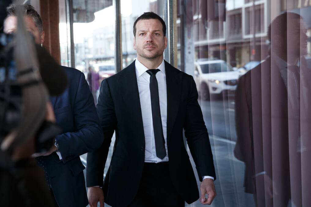 Guilty: Former NRL star Jarrod Mullen leaves Newcastle courthouse in August. Picture: Max Mason-Hubers