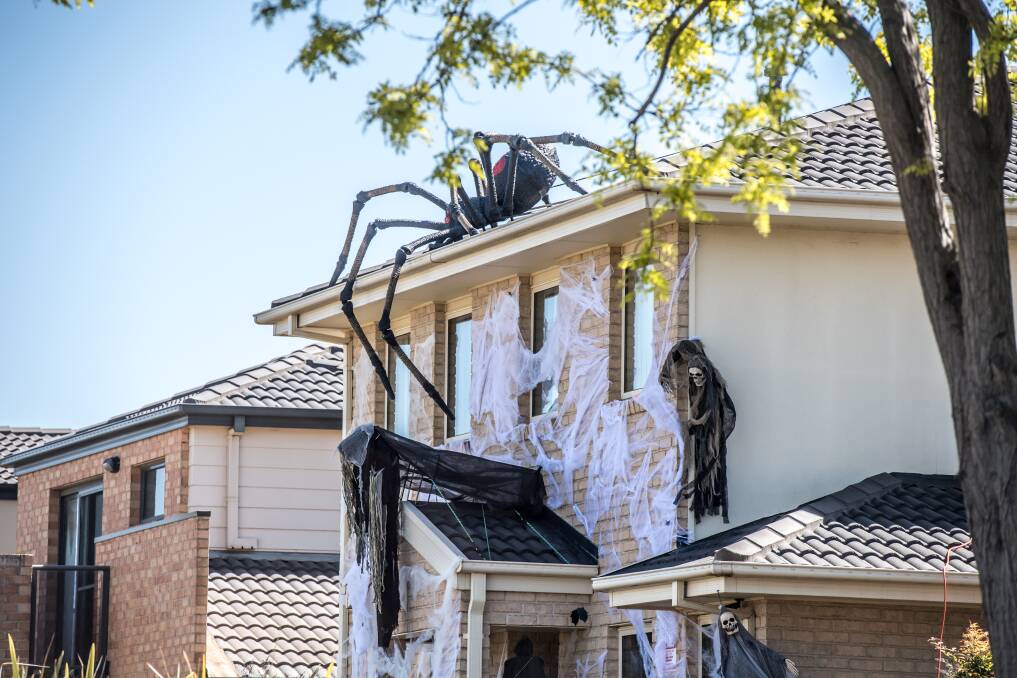 CREEPY: Canberra Times head photographer Karleen Minney and her image of a house in the Canberra suburb of Gungahlin already decorated for Halloween. 