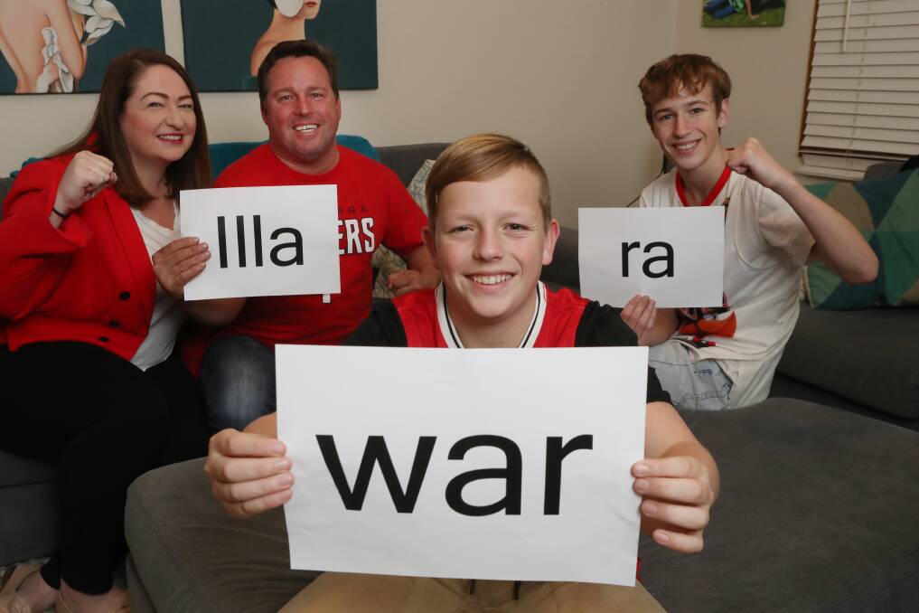 Hawks fans Jenelle Rimmer, Rod Rimmer, Cameron Rimmer and Jordan Rimmer. RE, Fans will still be chanting Illawarra at the start of Hawks games in protest to 'Illawarra' being dropped from the Hawks name. Picture: Robert Peet.