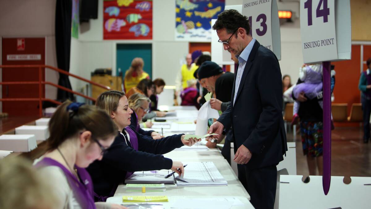 Labor's re-elected member for the newly-named seat of Whitlam making his vote count at Mt Terry Primary School on Saturday. Picture: Sylvia Liber.