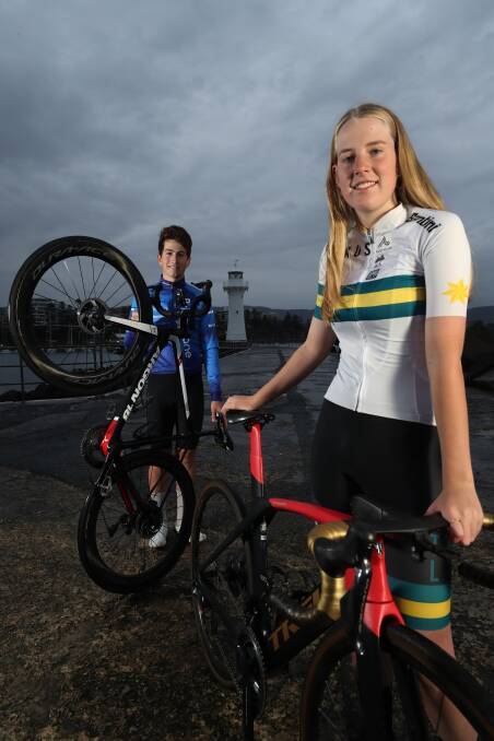 OUR CYCLING FUTURE: Manly's Dylan George, 17, and Dubbo's Haylee Fuller, 17, in Wollongong on Wednesday. Both hope to be competing for Australia at next year's world titles. Picture: Robert Peet. 