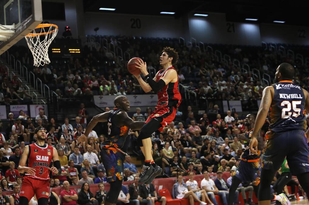 TAKING FLIGHT: LaMelo Ball in action for the Illawarra Hawks at the WEC last year. Picture: Sylvia Liber. 
