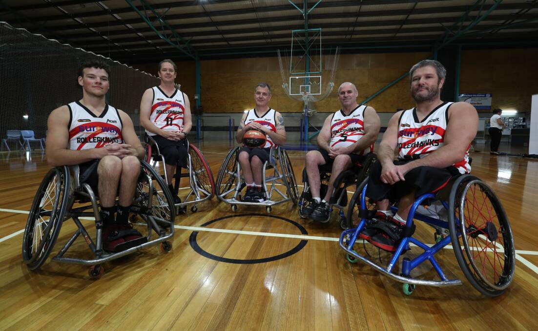 ON A ROLL: Wollongong Roller Hawks Jarrod Emeny, Brett Stibners, Tim Rushby-Smith, Darren Hayes and Ash Kennedy at the club's season launch at the Shellharbour City Stadium on Wednesday night. Picture: Robert Peet. 