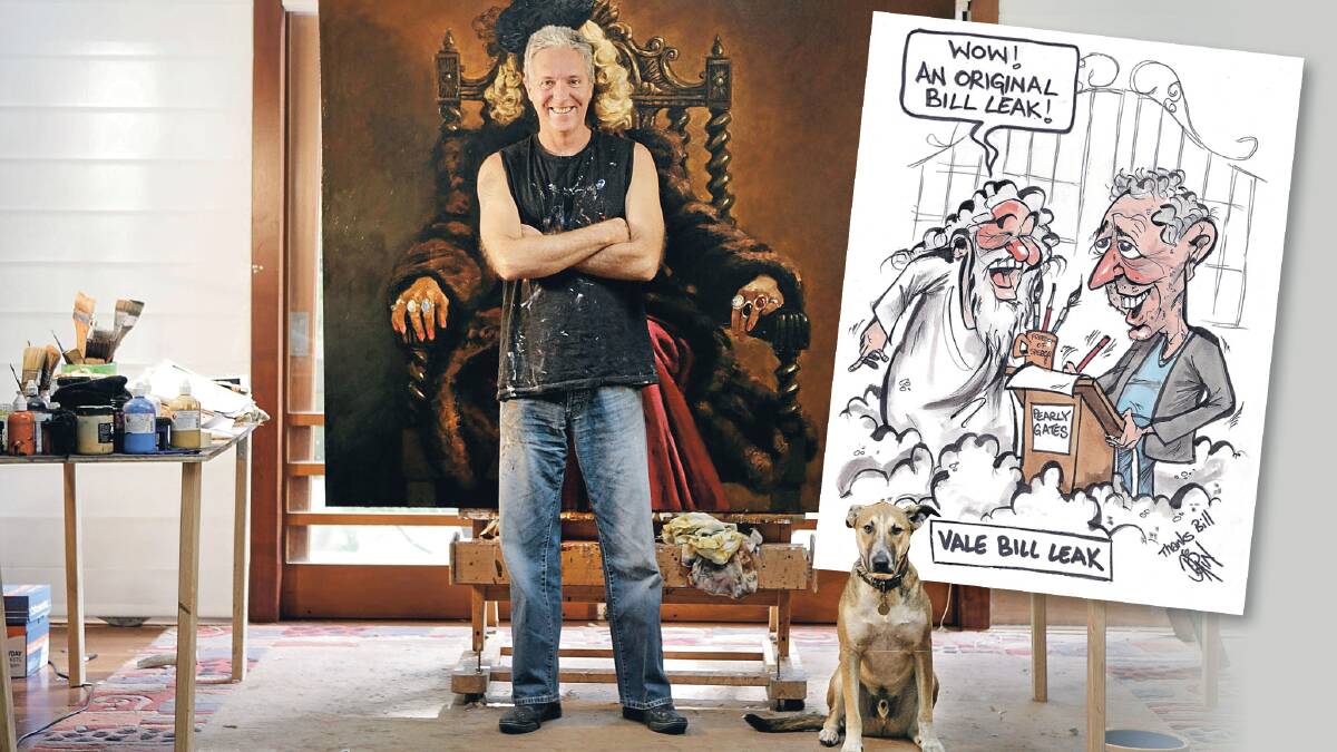 LEGEND LOST: A pic of cartoonist Bill Leak in his Hardy's Bay home studio. Inset cartoon is a tribute by local Illawarra cartoonist Paul Dorin. Picture: Marco Del Grande.