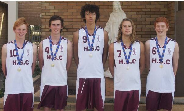 FROM THE ARCHIVES: Holy Spirit College's 2013 national and state representatives (left to right) current Illawarra Hawks development player Lachlan Dent, Sean Cranney, Sydney Kings star Xavier Cooks, Keelan Ward and Illawarra Hawks and new Boomers star Angus Glover.
