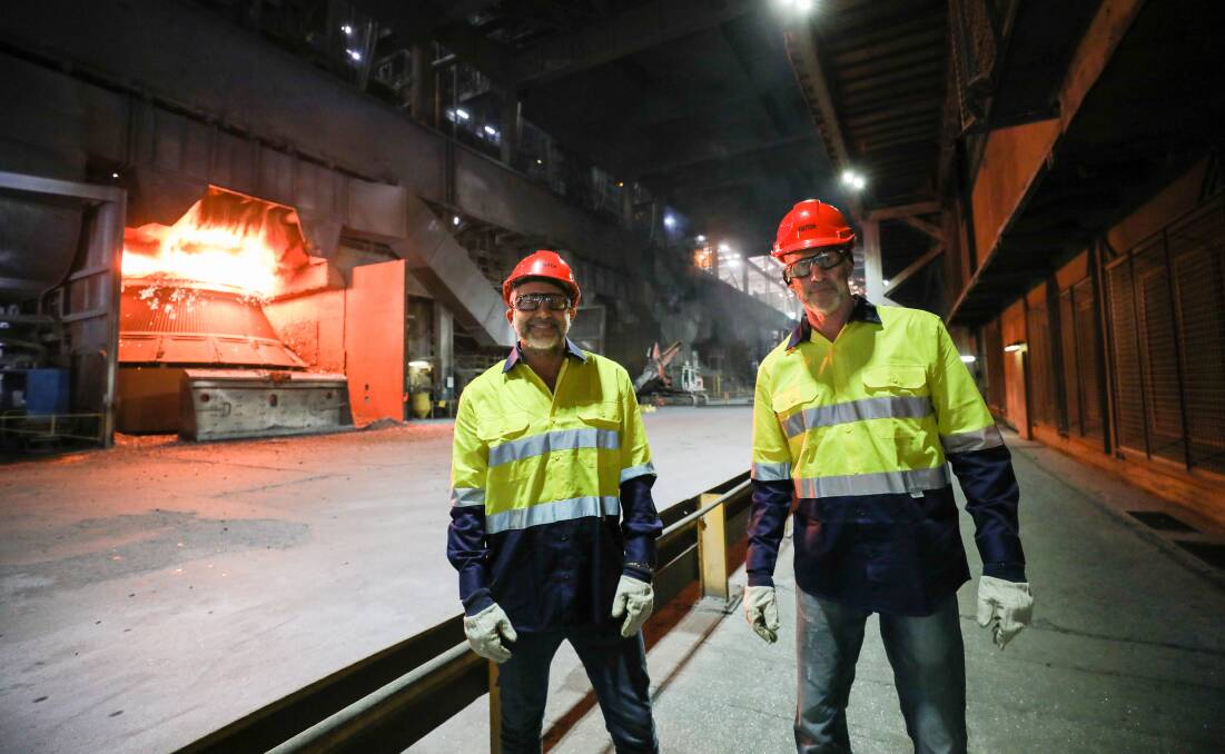 HOT PROPERTY: new Hawks co-owner Dorry Kordahi and coach Brian Goorjian inside the BOS facility at Bluescope's Port Kembla steelworks on Wednesday. Picture: Adam McLean. 