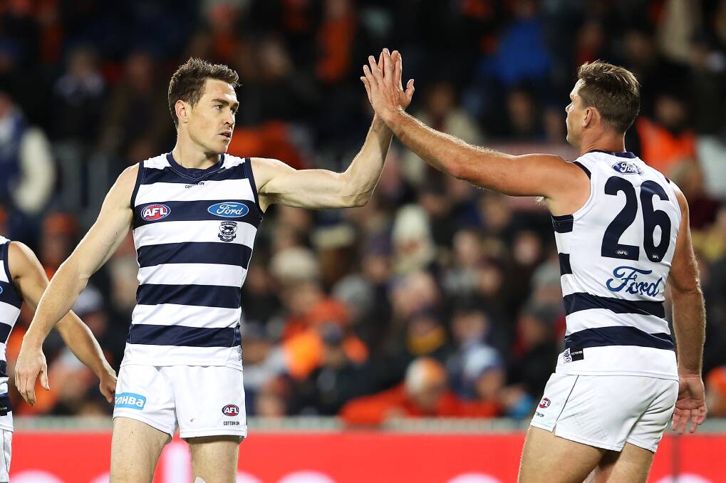 TOP FORM: Jeremy Cameron and Tom Hawkins pack a formidable one-two punch in attack for Geelong. Picture: Mark Kolbe/Getty Images