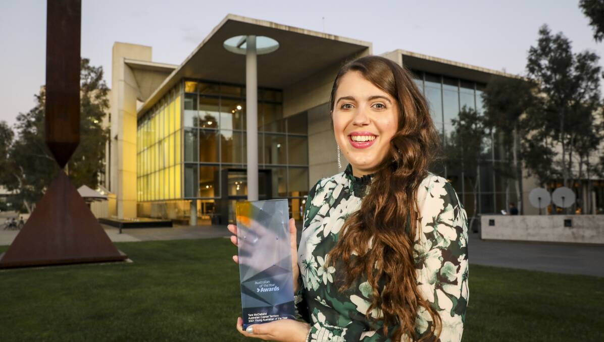 Tara McClelland with her ACT award. Picture: supplied by australianoftheyear.org.au