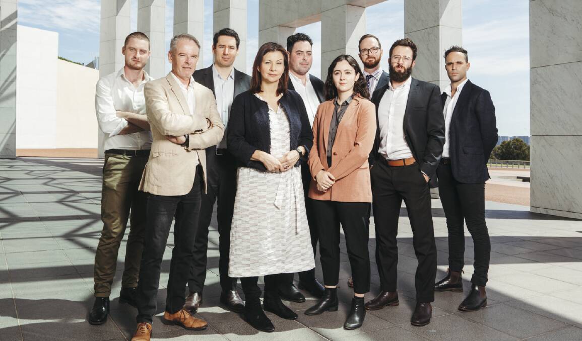 Meet our team at Parliament House in Canberra. From left: Finn McHugh, Mark Kenny, Harley Dennett, Karen Barlow, Gerard Cockburn, Sarah Basford Canales, Doug Dingwall, Jamieson Murphy and Dan Jervis-Bardy. 