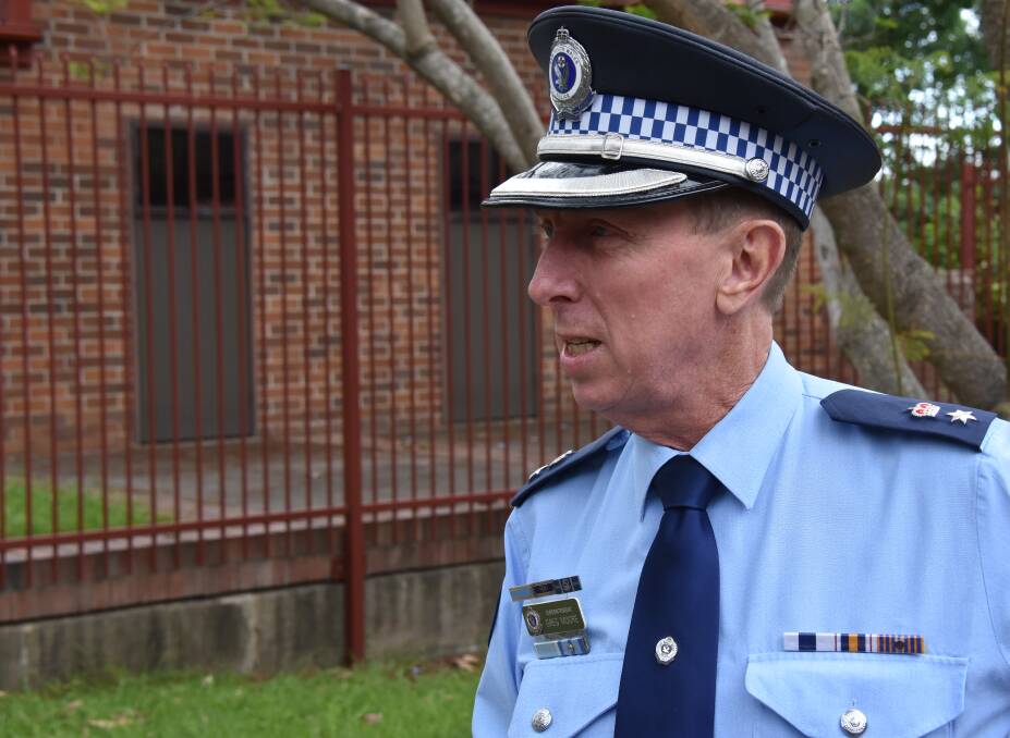 South Coast Police District Superintendent Greg Moore talking to media outside on the Nowra Police station. 