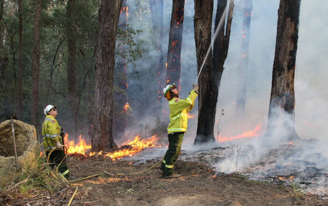 National Parks and Wildlife Services firefighers working to control the Mt Kingiman fire on the South Coast in August 2018. Photo: NSW Office of Environment and Heritage. 