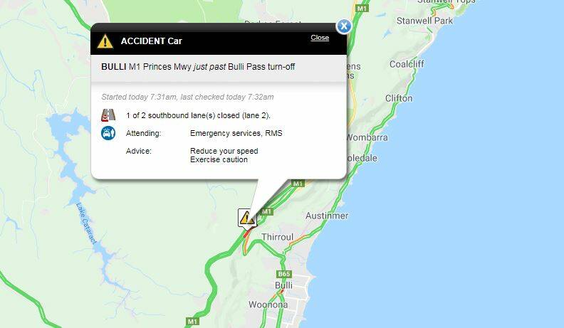 Delays after car crash on M1 Princes Motorway at Bulli Tops