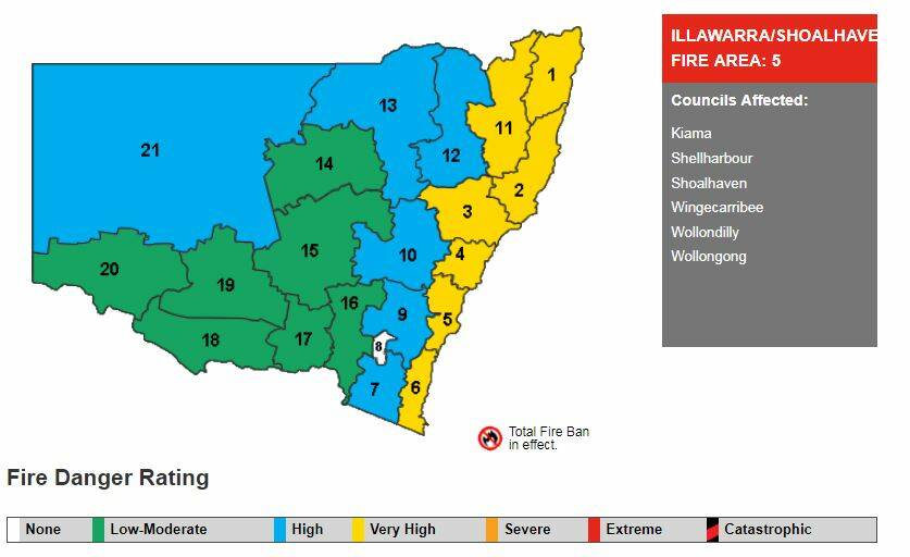 Fire danger ratings across NSW for August 15. Source: NSW RFS