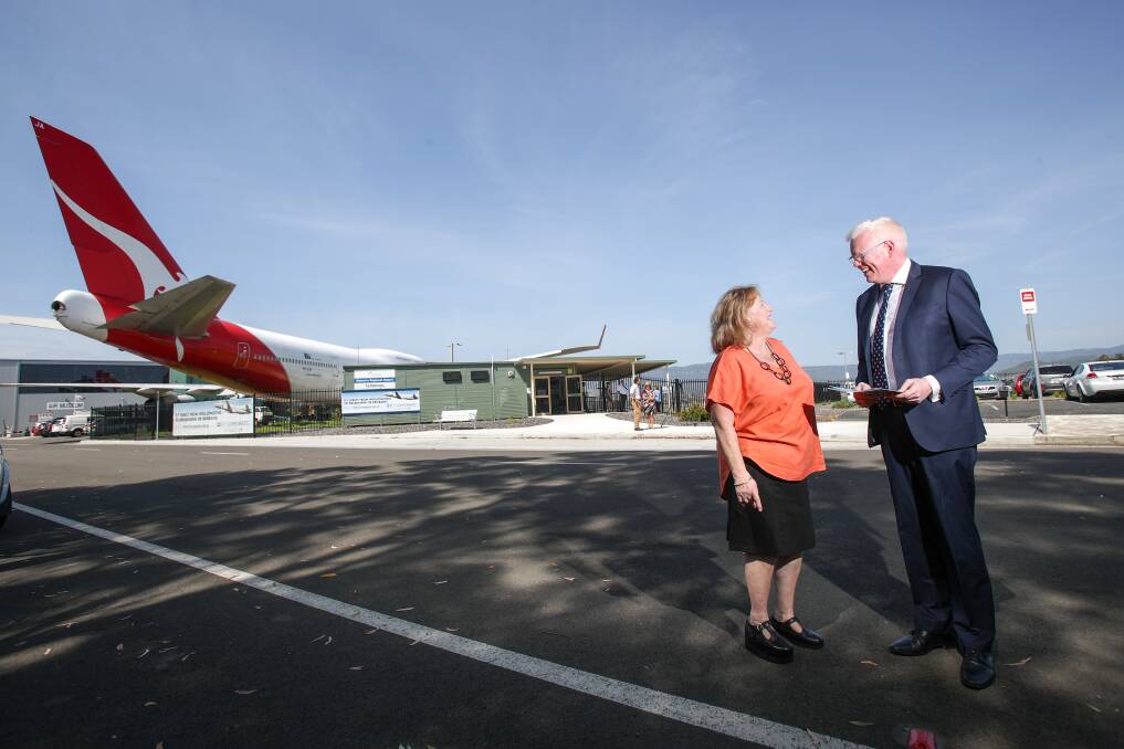 SKY'S THE LIMIT: Shellharbour mayor Marianne Saliba and the Illawarra's parliamentary secretary, Gareth Ward, are all smiles during the announcement of a $16 million NSW government spend on airport upgrades. Picture: Adam McLean 