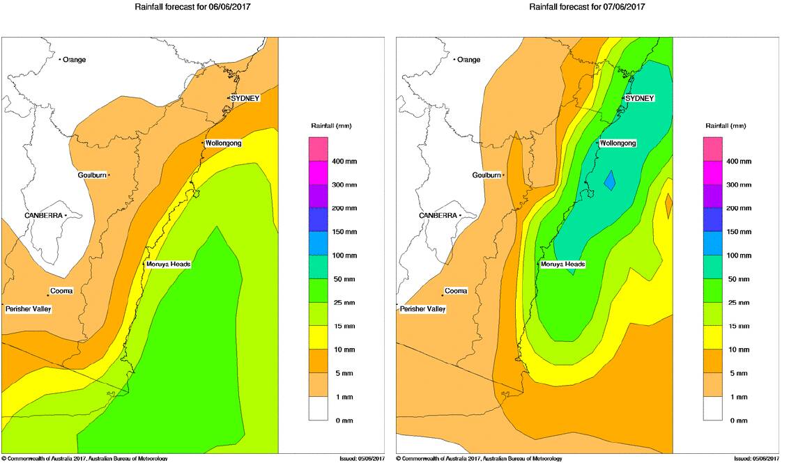 The Bureau of Meteorology's rainfall forecast maps show heavy rain of between 50-100mm along much of the Illawarra coast on Wednesday (right), with lighter falls due on Tuesday afternoon (left).