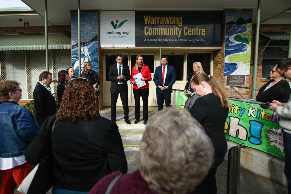 CENTRELINK FIGHT: Federal Labor MPs for Whitlam, Stephen Jones, (left) and Cunningham, Sharon Bird, are flanked by state Wollongong MP Paul Scully to discuss a plan to close the Warrawong Centrelink office. Picture: Adam McLean