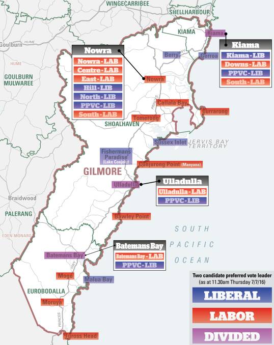 HOW YOUR SUBURB VOTED: Polling booth analysis shows which candidate was atop the two party preferred count at Gilmore polling locations, as of Thursday morning. 
