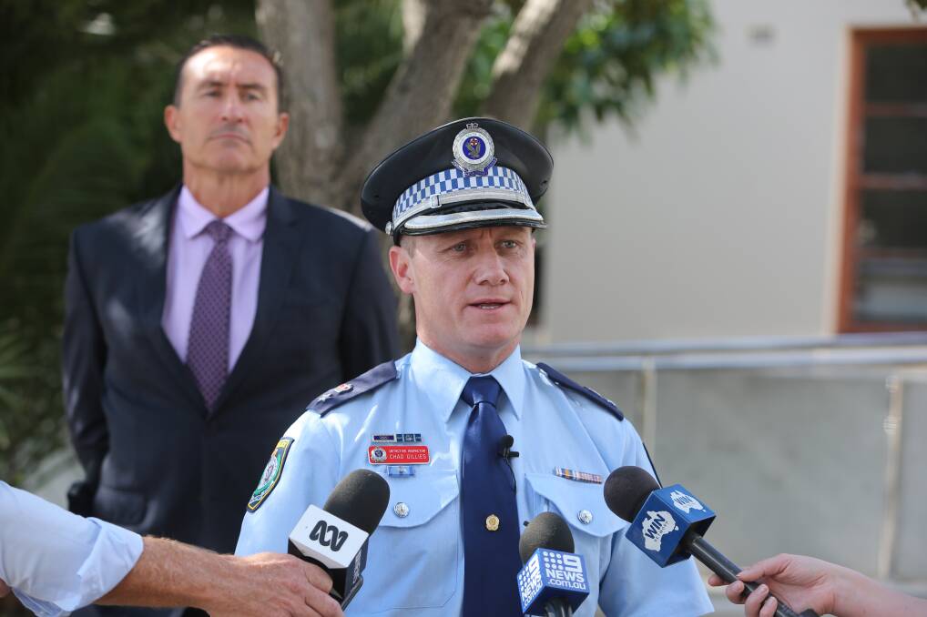Wollongong Police District Commander, Acting Superintendent Chad Gillies, addresses the media on Friday morning. Picture: Robert Peet