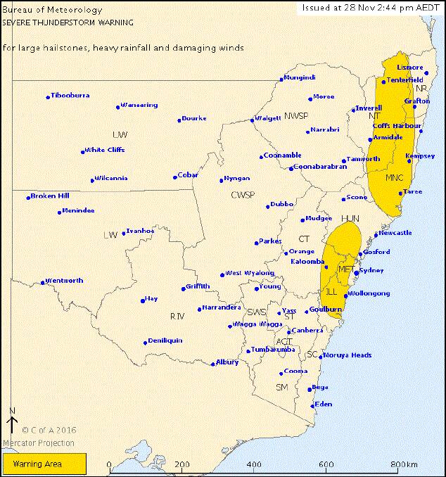 The warning area, as of 2.3pm on Monday. Picture: Bureau of Meteorology