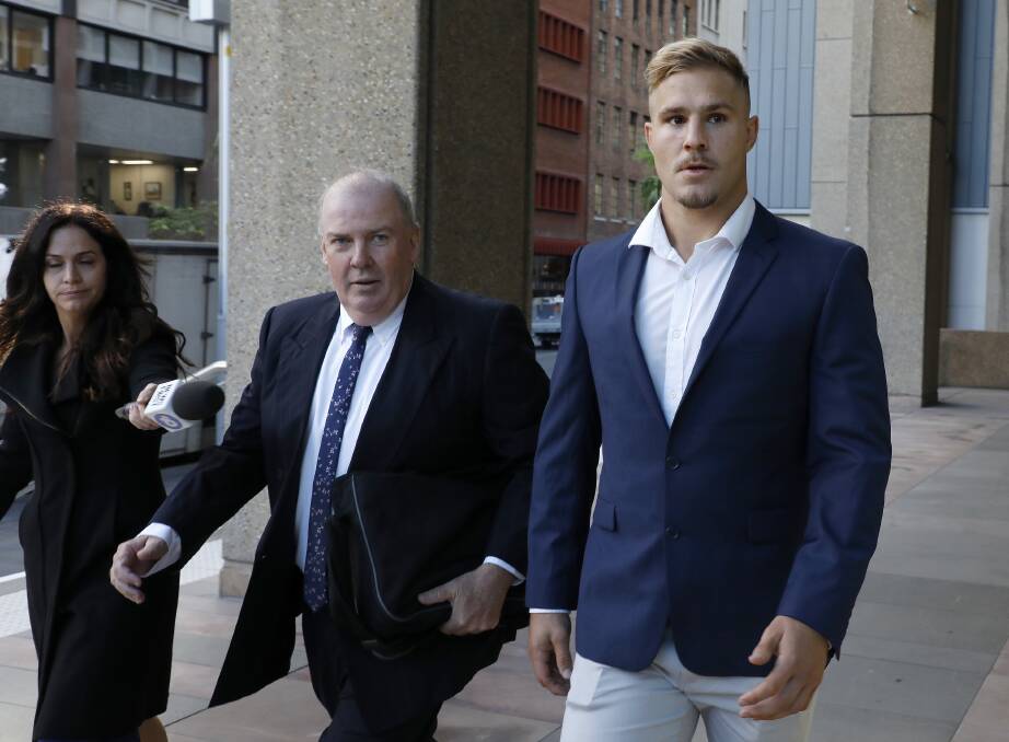 St George Illawarra Dragons player Jack De Belin arrives at the NSW Federal Court in Sydney on Wednesday. Picture: AAP