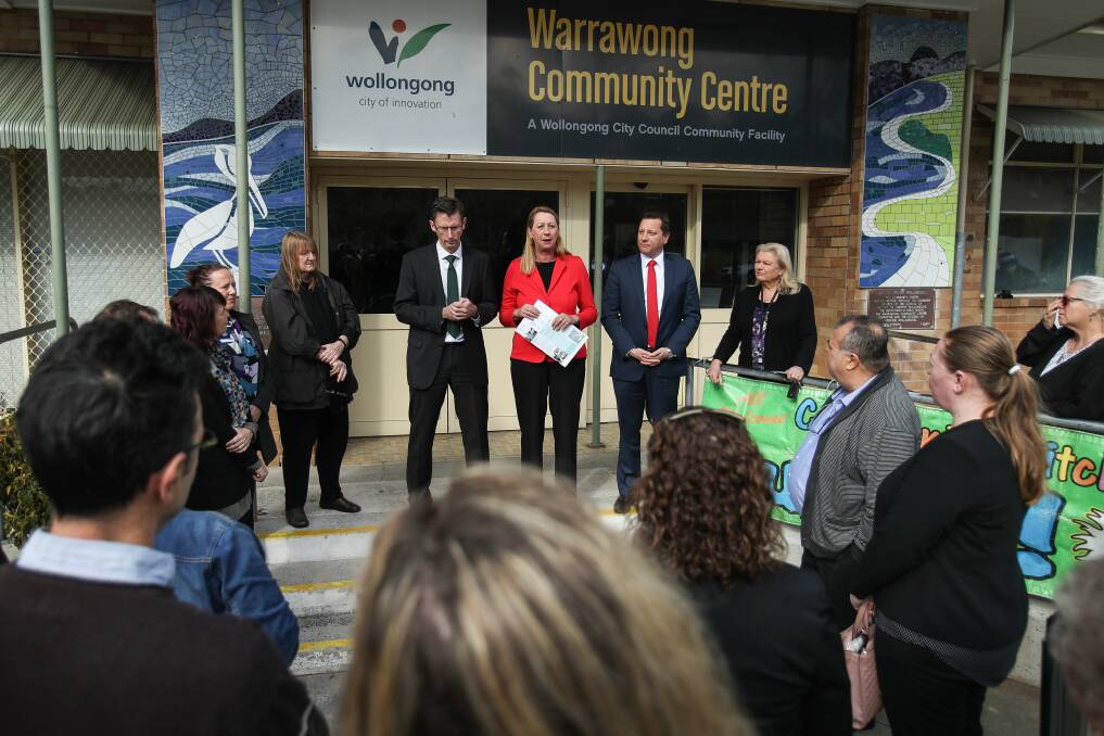 Member for Cunningham Sharon Bird, Wollongong MP Paul Scully and Member for Whitlam Stephen Jones meet with concerned residents on June 12 about the Warrawong Centrelink office closure. Picture: Adam McLean