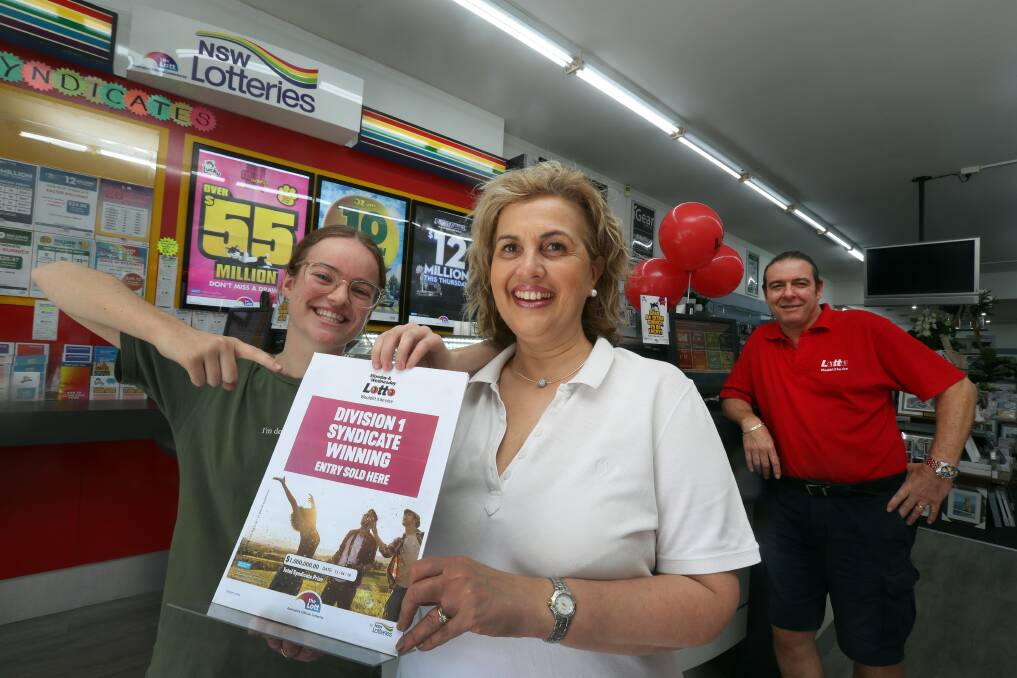 Centretown Newsagency's Katie Nash (left), Maria Colla and Dennis Colla celebrate selling a winning division one Lotto syndicate entry. Picture: Robert Peet