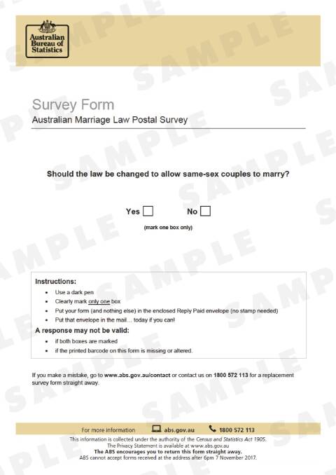 A sample of the Australian Marriage Law Postal Survey form, which is now landing in mailboxes. Picture: AAP