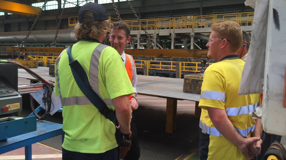 Throsby MP Stephen Jones meets workers at Unanderra's Bisalloy Steel on Wednesday morning. Picture: Andrew Pearson