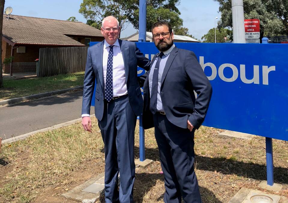 'PROACTIVE': Illawarra parliamentary secretary Gareth Ward with the Liberal Party's Shellharbour candidate, Shane Bitschkat. Picture: Andrew Pearson